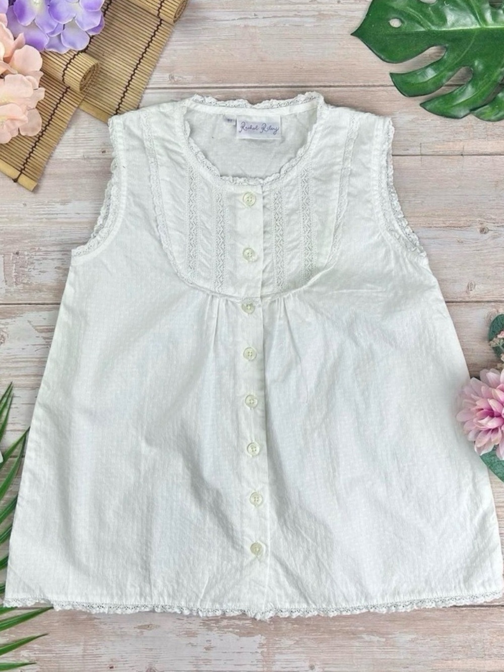 Rachel‎ Riley Sleeveless Cotton Lace Trim Blouse White Girls 7Y Summer Luxury